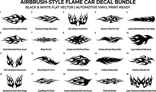 Airbrush style flame car decal bundle black and white flat vector automotive vinyl print ready stickers tribal hot rod graphics set