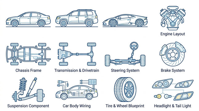 Automotive Engineering Diagrams and Vehicle Components.