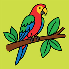 Colorful Cartoon Parrot Perched on a Tree Branch with Green Leaves © Isnatun