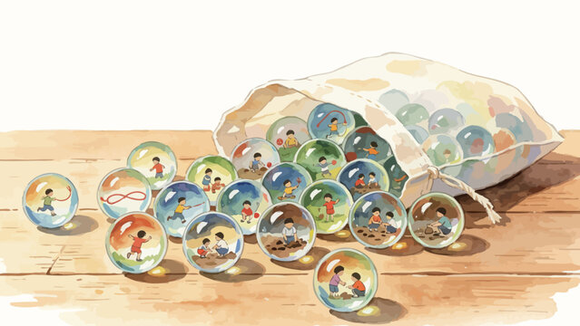 Whimsical Nostalgic Watercolor Illustration of Canvas Drawstring Bag Spilling Glass Marbles, Each Enclosing Tiny Childhood Play Scenes on Warm Wooden Planks