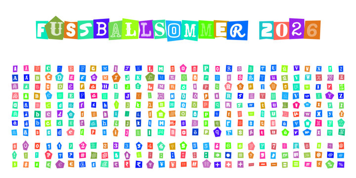 FUSSBALLSOMMER 2026 Schriftzug und Alphabet im Erpresserbrief Stil fuer kreative Sportdesigns und plakative Collagen fuer Fussball Events und Fanartikel Gestaltung