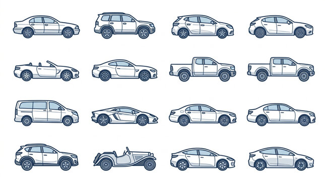 Collection of diverse car types and models in a grid layout.