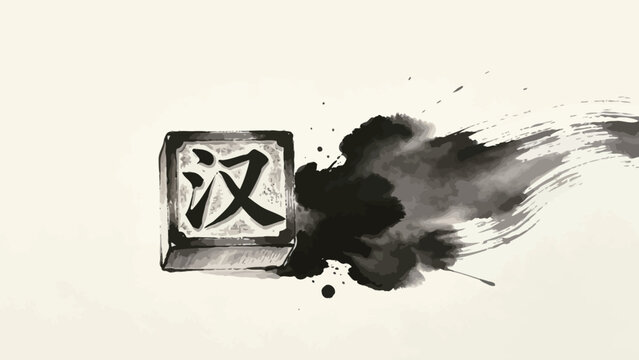 Monochrome Sumi-e Ink Wash Artwork of a Carved Square Chinese Character Seal With Dynamic Flowing Brush Trails and Ink Splatters on Cream Paper