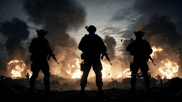 Soldiers standing in front burning buildings.