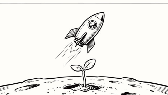 Monochrome retro ink line art illustration of a vintage cartoon rocket with an Earth-view porthole launching away from a tiny two-leaf seedling growing in a crater on barren alien planetary terrain