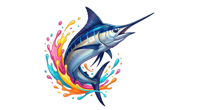 Colorful illustration of a marlin fish jumping out of water with vibrant paint splashes around it creating a dynamic scene