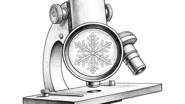 Detailed Pen and Ink Line Art Close-Up Illustration of a Vintage Laboratory Microscope Featuring its Magnified View of an Intricate Six-Pointed Snowflake Crystal