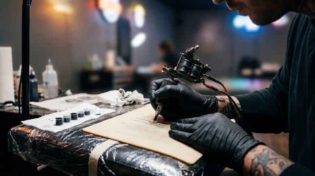 Over the shoulder shot of a tattoo artist's hands wearing black gloves operating a buzzing tattoo machine on a blank patch of synthetic practice skin, neon studio signs blurred in background,...