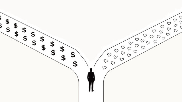 Minimalist Monochrome Line Art Illustration of a Silhouetted Man at a Road Fork Facing the Dilemma of Choosing Between Wealth and Love Life Paths