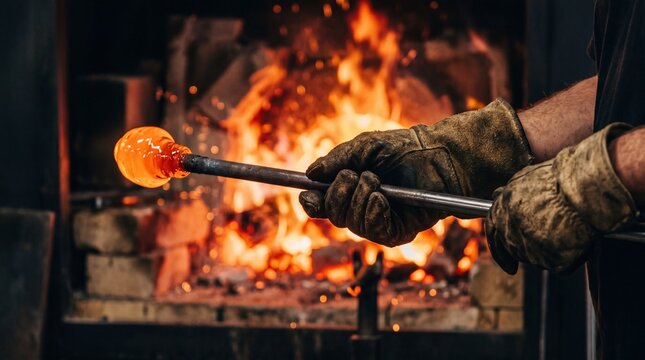 Close up of a glassblower's heavy heat-resistant gloved hands turning a long steel blowpipe with glowing molten orange glass on the end, intense roaring fire in the background furnace, dramatic...