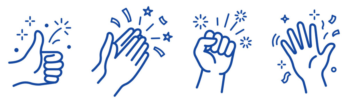 Hand gesture line icons set, thumbs up, clap, fist, wave outline art, blue. Vector illustration.