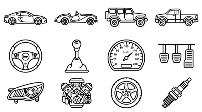 Collection of car parts and vehicles in line art style.