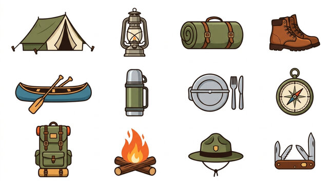 Camping Gear Collection Outdoor Adventure Equipment Icons.