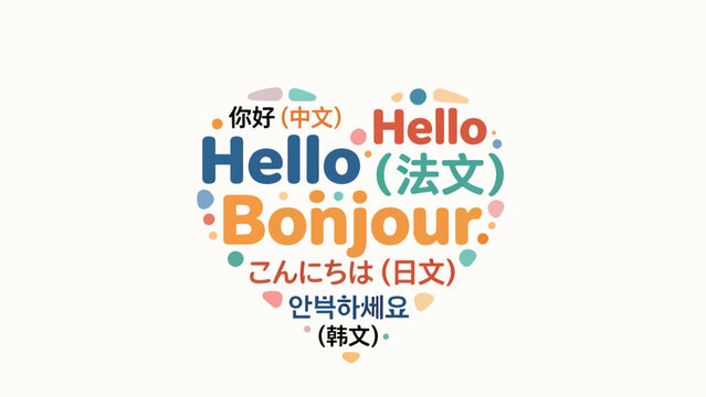 Warm friendly multilingual welcome illustration: hello greeting phrases in five languages arranged into a soft heart shape, accented with pastel decorative dots on plain off-white background