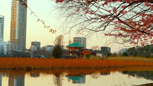 Scenic view of the octagonal Shinobazu-no-ike Bentendo temple reflected in Shinobazu Pond, surrounded by cherry blossoms and modern Tokyo buildings.