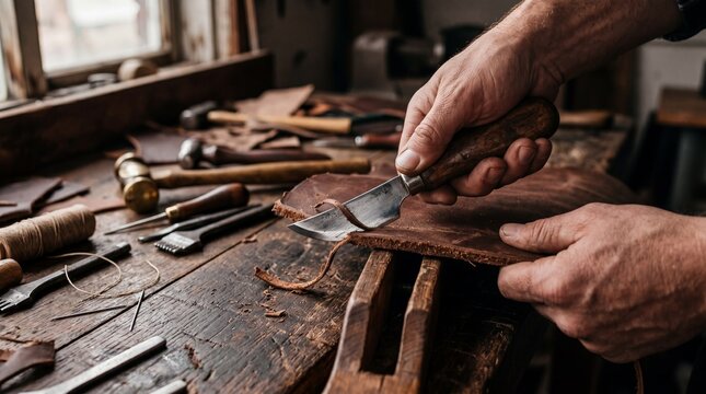 Close up of hands using a sharp leather skiving knife to cut a thick piece of raw brown cowhide, vintage brass tools scattered around, rustic moody workshop lighting, authentic heritage...