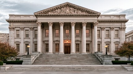 Obraz premium A neoclassical commercial building featuring grand columns and a detailed pediment, showcasing classical architectural elegance and corporate sophistication.