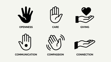 Fototapeta premium Minimalist vector icons of expressive hand gestures, symbolic of communication, help, offering, care, clarity, balance, modern design, interaction.