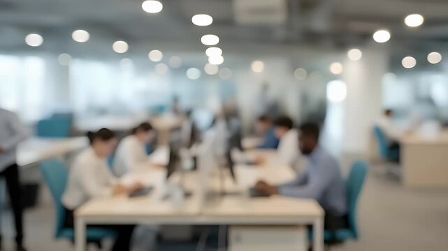Modern open-plan office interior bustling with diverse people working productively at desks under bright lights, creating a collaborative atmosphere for business operations.