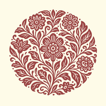 Circular floral pattern in red with circular botanical illustration decoration ornament stylized traditional embellishment artistic creative isolated background monochrome silhouette