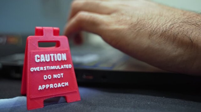 Close up of a red miniature caution sign reading overstimulated do not approach on a desk in front of a laptop. Concept of workplace stress, mental health, and neurodiversity at work.