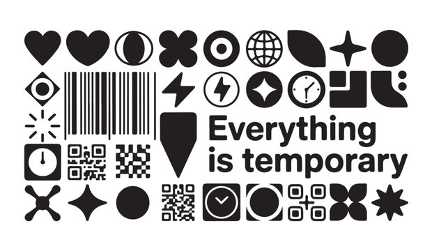 Collection of diverse modern graphic design elements and icons including hearts, QR codes, clocks and text.