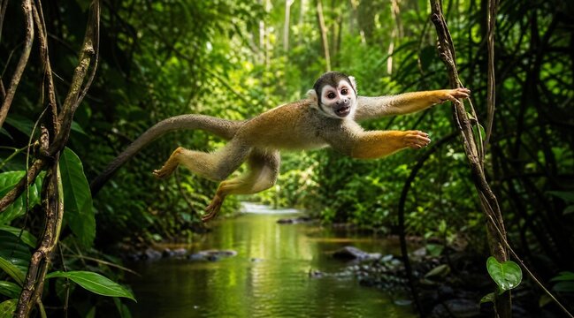 Squirrel Monkey Leaping Through Tropical Jungle Rainforest Canopy