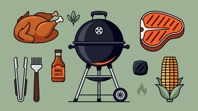 Barbecue and Grill Icon Set Featuring Charcoal Kettle, Roasted Chicken, T-Bone Steak, Corn, and BBQ Sauce in Flat Design Style