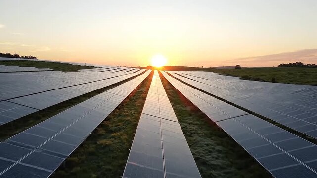Cinematic drone flight over solar panels with sun flare at sunrise