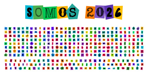 SOMOS 2026 letras de rescate estilo collage para diseno grafico, tipografia recortada de papel colorido para carteles y proyectos creativos © velikiyzayats