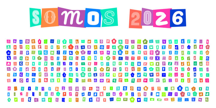 SOMOS 2026, letras y numeros estilo collage de recorte para diseno grafico, alfabeto tipografico colorido para proyectos creativos