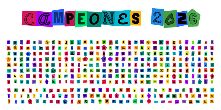 CAMPEONES 2026 letras recortadas estilo collage para diseno deportivo y celebracion de victoria con alfabeto completo y numeros
