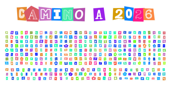 CAMINO A 2026 alfabeto estilo nota de rescate para diseno grafico creativo y tipografia personalizada de estilo collage de recortes