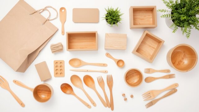 Wooden Kitchen Utensils and Eco-Friendly Packaging on White Background