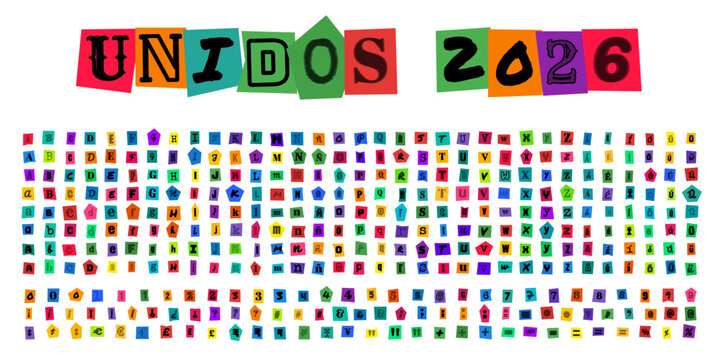 UNIDOS 2026, letras de estilo nota de rescate, alfabeto recortado de revistas, tipografia creativa para disenos de carteles y proyectos graficos
