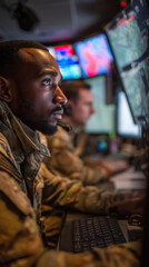 Fototapeta premium Personnel Conduct Surveillance Operations in Military Command Center
