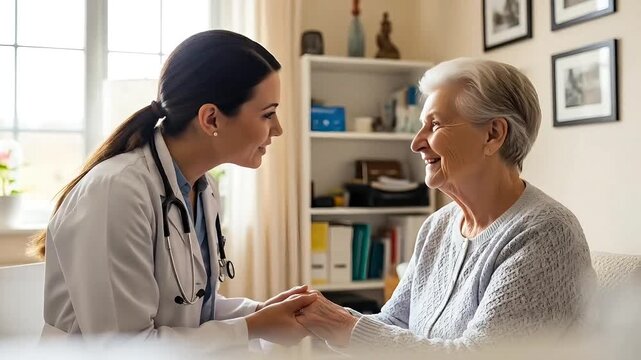 Warm doctor patient interaction elderly woman smiling while holding hands with caring female
