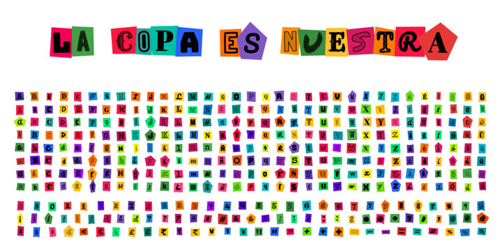 LA COPA ES NUESTRA ransom note alphabet letters and numbers set for creative design projects and sports championship posters