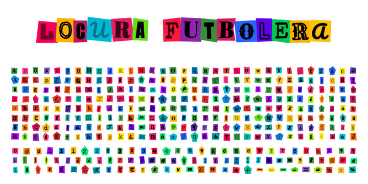 LOCURA FUTBOLERA alfabeto de recortes de papel estilo nota de rescate para disenos deportivos creativos y tipografia personalizada