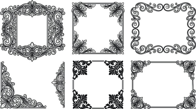 Vintage ornamental frame collection featuring floral borders baroque decoration antique engraving and elegant decorative vector illustrations