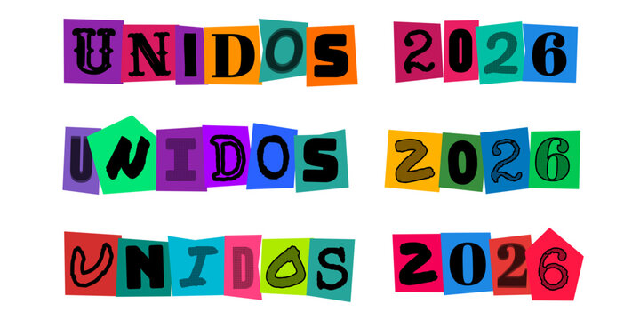 UNIDOS 2026 letras estilo recorte de revista para diseno grafico de eventos deportivos y sociales con tipografia creativa y colorida