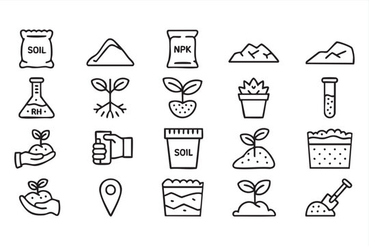 Soil and gardening icon set with fertilizer, seedlings, compost, pH testing, and sustainable agriculture symbols
