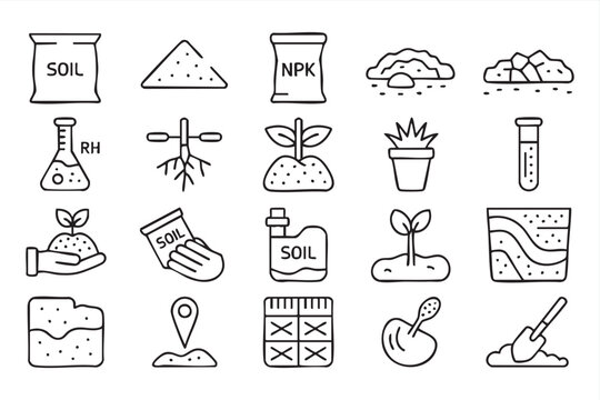 Black and white soil icons featuring NPK fertilizer, sprouts, shovel, compost, test tube, and planting hands