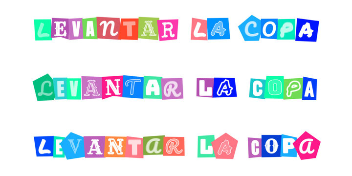 LEVANTAR LA COPA, letras estilo collage de papel para celebraciones, diseno tipografico colorido para invitaciones de fiesta y eventos