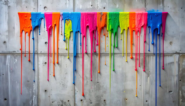 Vibrant Neon Paint Drips on Concrete Wall Abstract Art.