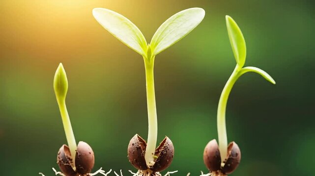 Germinating avocado seeds in various growth stages emerging from pits with vibrant green sprouts