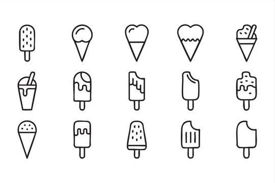Summer dessert icon collection with gelato cones, ice lollies, popsicles, creamy treats, and food symbols