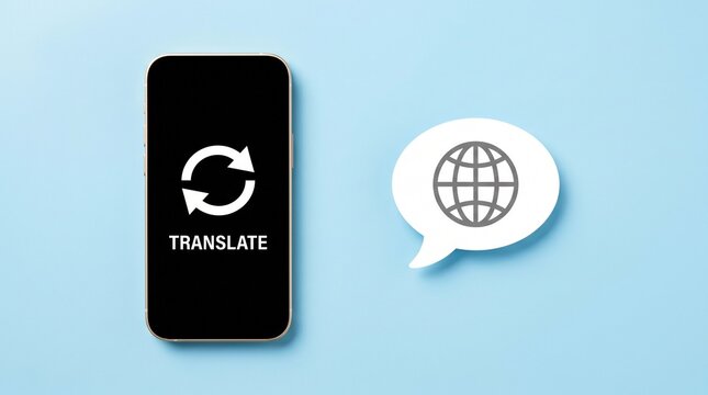 Language translation app on smartphone screen, global communication concept with speech bubble and globe icon, mobile translator interface on blue background