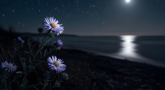 Wild Sea Asters Glowing Silver Under Full Moonlight on Dark Coastal Cliffside