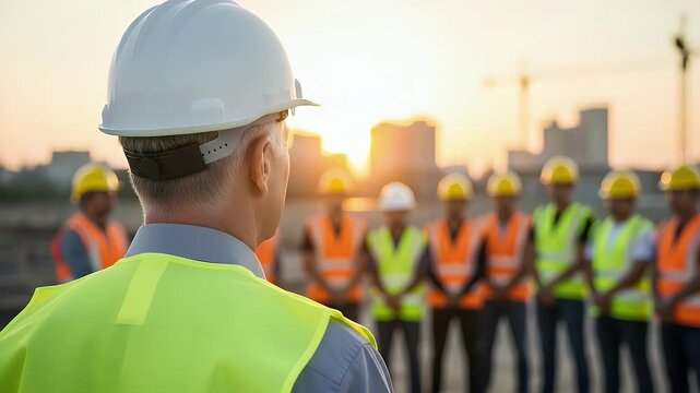 Project manager providing essential instructions to his diverse team of construction workers wearing safety gear on an outdoor building site at dusk.